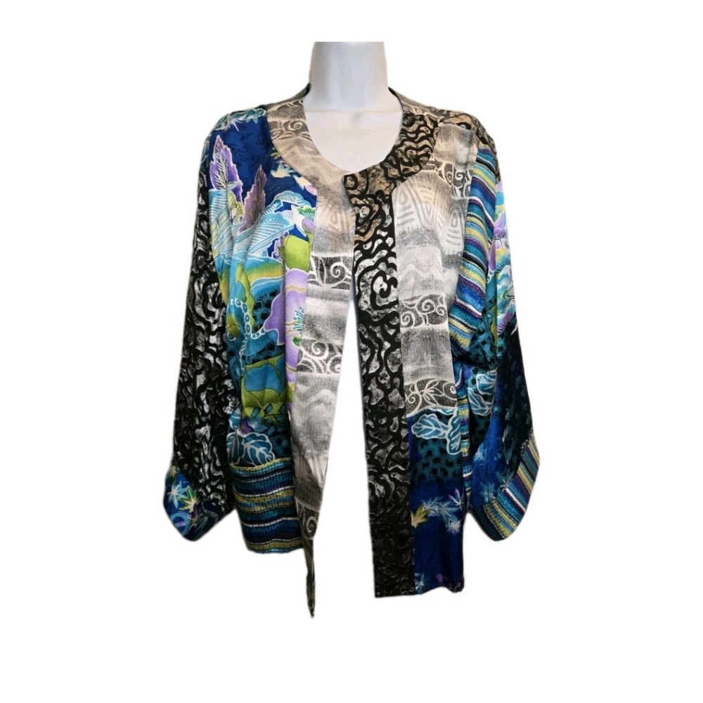Chicos Silk Asian Style Kimono Open Front Sheer Top Cardigan Koi Fish Sz 2 Large